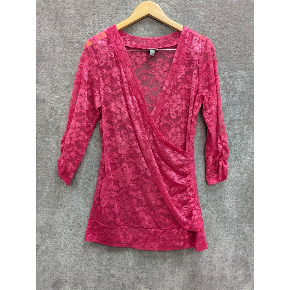 Coquette Lace Wrap Top Womens Large Hot Pink Sheer Floral‎ V-Neck 3/4 Sleeve